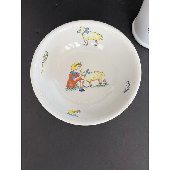 Vintage Buffalo Pottery Heirloom China Childs Mug & Bowl Mary Had a Little Lamb - Picture 3 of 12